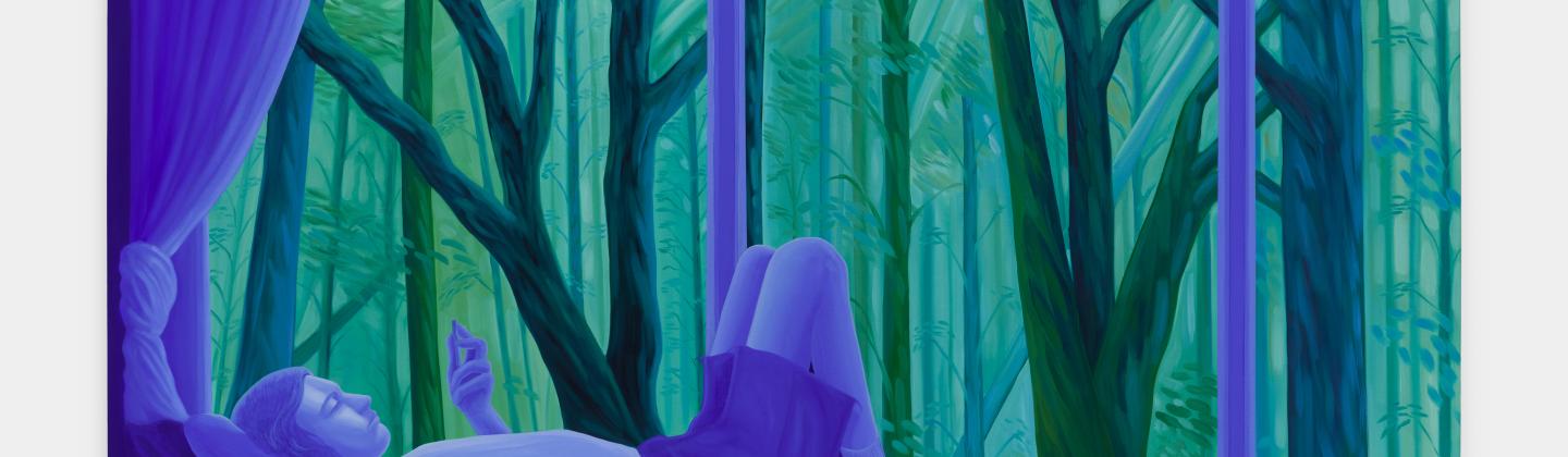 A blue and green painting of a woman laying down against a forest background