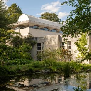 Fellows Garden Pond and View of Library