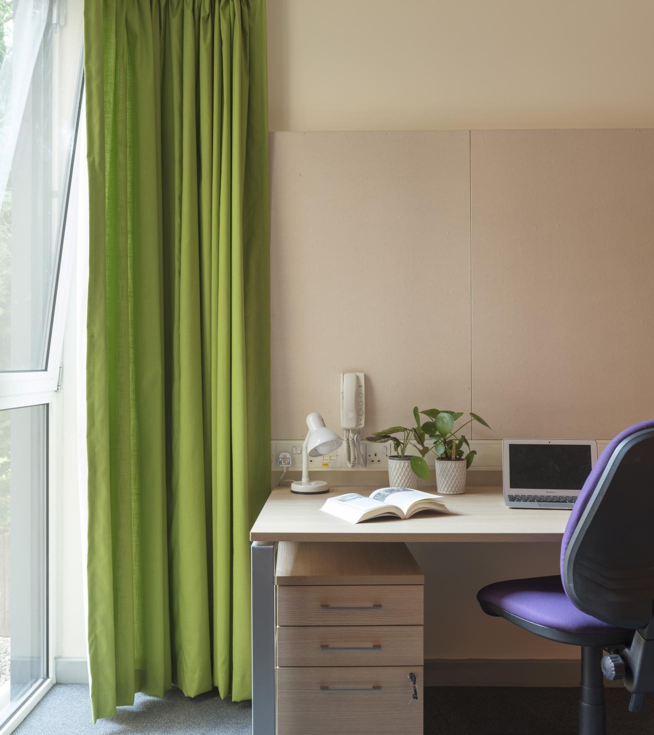Buckingham House Bedroom. Close view of desk with laptop, plant and lamp. Left of desk is a window with a green curtain